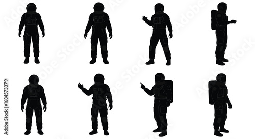 astronaut silhouettes in various poses and actions