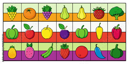 A colorful, neatly organized grid of fruits and vegetables arranged by color gradient from red to purple. Each row displays a variety of fresh produce like tomatoes, carrots, bananas, apples, grapes, 