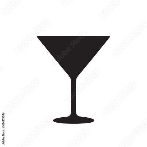 A stark black silhouette of a classic martini glass isolated on a clean white background isolated on white background
