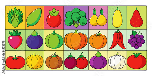 A colorful, neatly organized grid of fruits and vegetables arranged by color gradient from red to purple. Each row displays a variety of fresh produce like tomatoes, carrots, bananas, apples, grapes, 