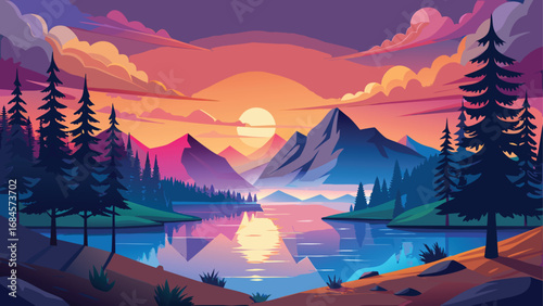 Golden sunlight casts a warm glow over a serene mountain landscape, with a dense forest in the valley below and clouds hugging the peaks at sunrise