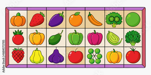 A colorful, neatly organized grid of fruits and vegetables arranged by color gradient from red to purple. Each row displays a variety of fresh produce like tomatoes, carrots, bananas, apples, grapes, 
