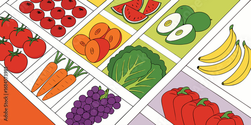 A colorful, neatly organized grid of fruits and vegetables arranged by color gradient from red to purple. Each row displays a variety of fresh produce like tomatoes, carrots, bananas, apples, grapes, 