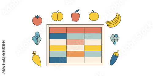 A colorful, neatly organized grid of fruits and vegetables arranged by color gradient from red to purple. Each row displays a variety of fresh produce like tomatoes, carrots, bananas, apples, grapes, 