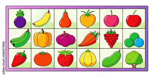A colorful, neatly organized grid of fruits and vegetables arranged by color gradient from red to purple. Each row displays a variety of fresh produce like tomatoes, carrots, bananas, apples, grapes, 