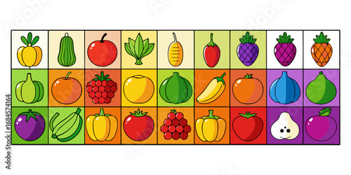 A colorful, neatly organized grid of fruits and vegetables arranged by color gradient from red to purple. Each row displays a variety of fresh produce like tomatoes, carrots, bananas, apples, grapes, 
