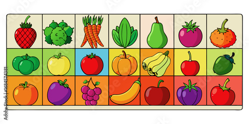 A colorful, neatly organized grid of fruits and vegetables arranged by color gradient from red to purple. Each row displays a variety of fresh produce like tomatoes, carrots, bananas, apples, grapes, 