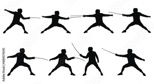 fencers in action demonstrating various combat stances and techniques