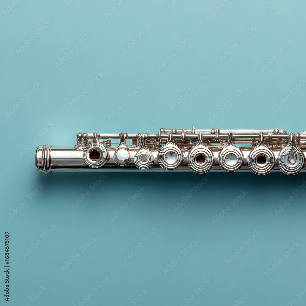 Fototapeta premium Close up view of a silver flute against a light blue backdrop. The flute's details are sharply in focus.