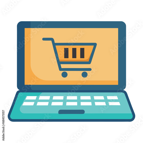 Laptop with Shopping Cart Icon on Screen Depicting Online Shopping Concept on white background