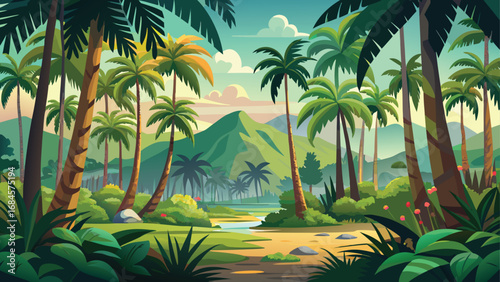 A tranquil tropical island landscape featuring palm trees on a sandy beach beside the turquoise sea