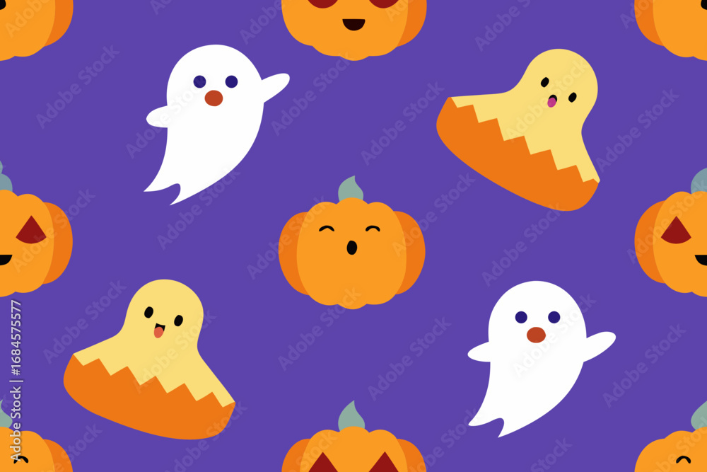 Naklejka premium Cute halloween ghosts and pumpkins seamless pattern
