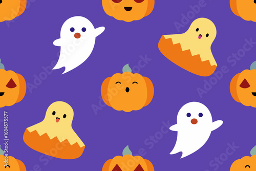 Cute halloween ghosts and pumpkins seamless pattern