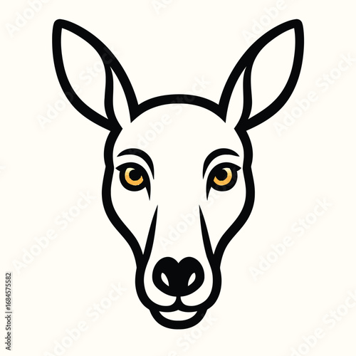 Stylized Illustration of a Kangaroo Head with Yellow Eyes and Black Outline