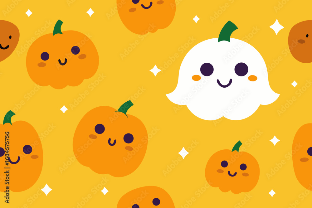Fototapeta premium Cute halloween pattern with smiling pumpkins and a friendly ghost