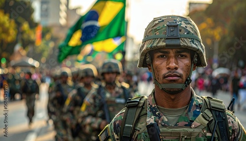 Military parade in Brasília, soldiers marching in formation with the Brazilian flag held high.