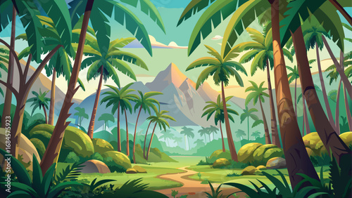 A vibrant tropical landscape with palm trees on a sandy beach beside the turquoise sea
