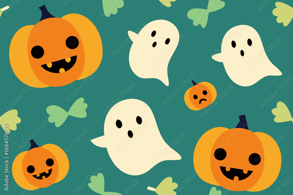 Fototapeta premium Cute halloween pumpkins and ghosts pattern on teal background