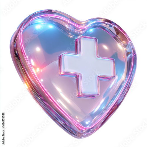 Holographic 3D heart with glowing cross, futuristic medical and health design symbol for emergency, vitality, wellness, and hospital awareness