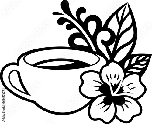 SVG illustration of coffee with summer flowers.Elegant silhouette of a dancer performing in a spotlight