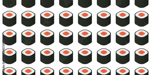 Japanese sushi salmon vector illustration. Minimal flat icon of seafood sashimi and maki roll with rice and seaweed