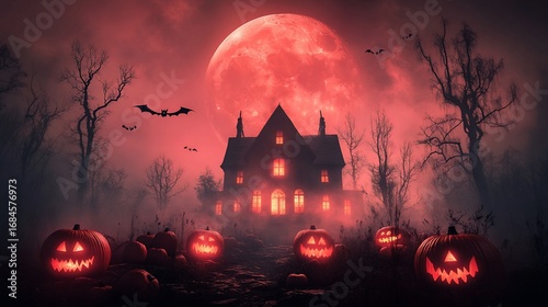 Spooky haunted house with glowing pumpkins, red moon, and bats