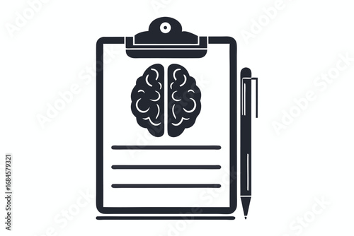 of Clipboard with Brain & Pen Icon on White Background