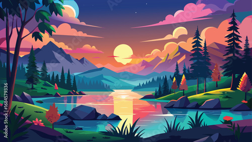 A breathtaking sunset illuminates the mountains and a serene river, casting warm light and silhouette over the forest as day gives way to night