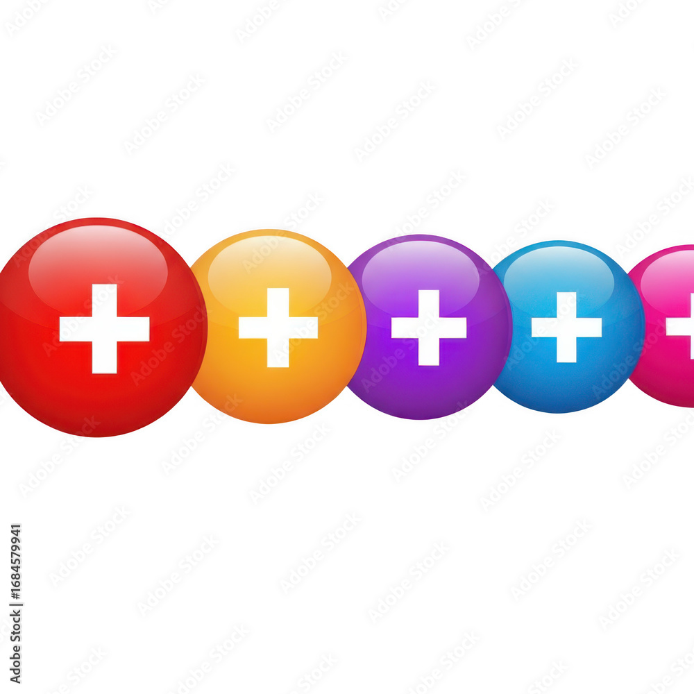 Obraz premium Colorful plus signs on glossy spheres isolated on transparent background