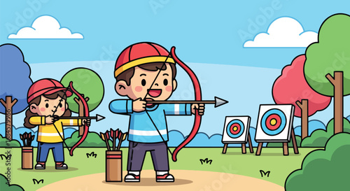 Adobe illustrator artwork vector illustration. Two happy children practicing archery outdoors, aiming for the target with bows and arrows. Ideal for themes of hobbies, skills, concentration, and sport