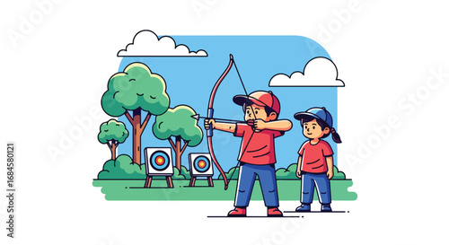 Adobe illustrator artwork vector illustration. Two happy children practicing archery outdoors, aiming for the target with bows and arrows. Ideal for themes of hobbies, skills, concentration, and sport