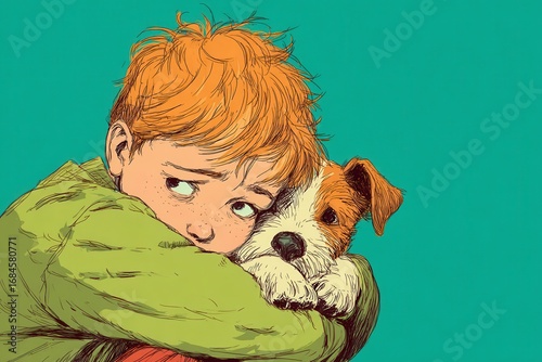 Melancholy boy embracing his animal