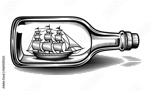 Sailing Ship in a Bottle Vector Illustration Nautical Theme on White Background