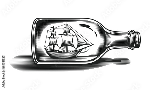 Ship in a Bottle Vector Illustration Nautical Theme on White Background