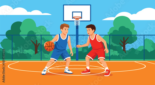 Adobe illustrator artwork vector illustration. Two diverse children playing a competitive game of basketball outdoors, dribbling and defending on a court. Perfect for themes of teamwork and sports