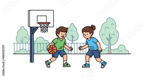 Adobe illustrator artwork vector illustration. Two diverse children playing a competitive game of basketball outdoors, dribbling and defending on a court. Perfect for themes of teamwork and sports