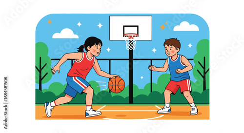 Adobe illustrator artwork vector illustration. Two diverse children playing a competitive game of basketball outdoors, dribbling and defending on a court. Perfect for themes of teamwork and sports