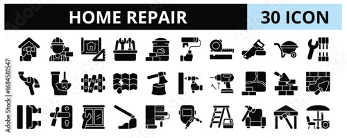 30 Home Repair Glyph Icons Vector - Builder, Toolbox, Building material, Wheelbarrow, Bricklaying, Plastering, Flooring, Interior repair, Tilling