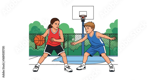 Adobe illustrator artwork vector illustration. Two diverse children playing a competitive game of basketball outdoors, dribbling and defending on a court. Perfect for themes of teamwork and sports