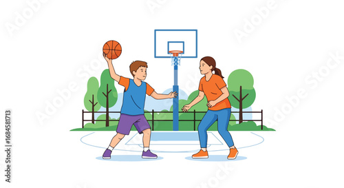 Adobe illustrator artwork vector illustration. Two diverse children playing a competitive game of basketball outdoors, dribbling and defending on a court. Perfect for themes of teamwork and sports