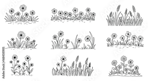 various floral arrangements in black and white illustrations