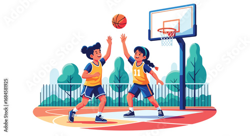 Adobe illustrator artwork vector illustration. Two diverse children playing a competitive game of basketball outdoors, dribbling and defending on a court. Perfect for themes of teamwork and sports