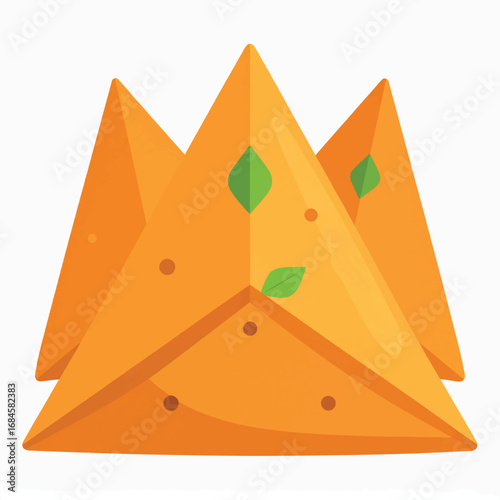 Three golden-brown samosas, garnished with fresh herbs, ready to eat.