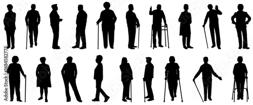 silhouette of senior people or old people or old people. silhouettes with walking sticks. 