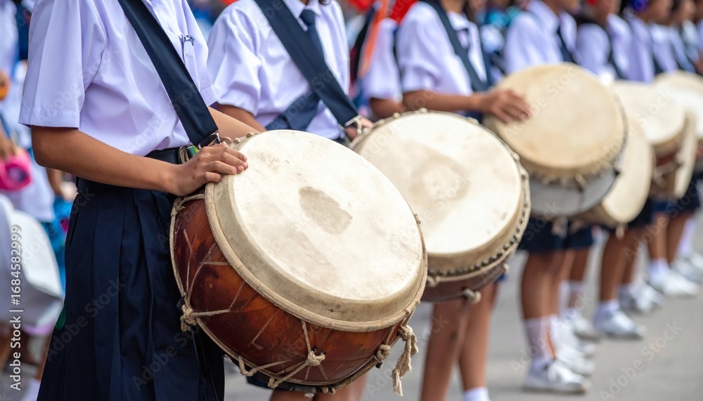 Obraz premium Traditional school parade with students in uniforms carrying banners and drums.