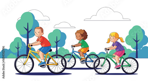 Adobe illustrator artwork vector illustration. Two cheerful boys playing cricket outdoors in a park, with one batting and the other bowling. Ideal for themes of sports, outdoor fun and childhood games