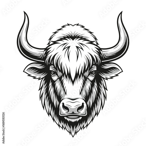 Detailed monochrome illustration of a powerful bovine head, symbolizing raw strength and untamed spirit.