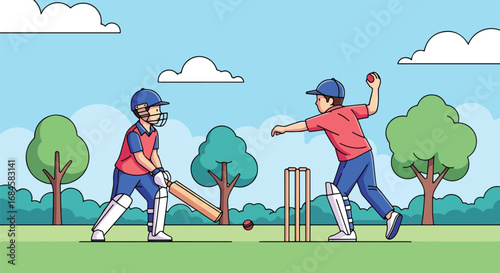 Adobe illustrator artwork vector illustration. Two cheerful boys playing cricket outdoors in a park, with one batting and the other bowling. Ideal for themes of sports, outdoor fun and childhood games