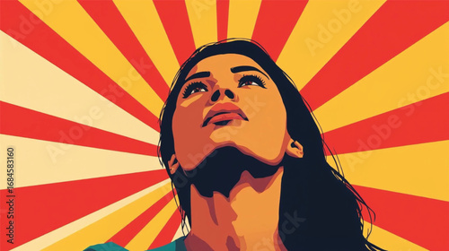 Retro style woman looking up vector art in bold red yellow cream palette, Ai generate 