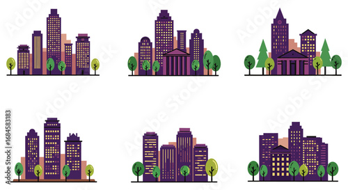 city skyline with tall buildings and green trees